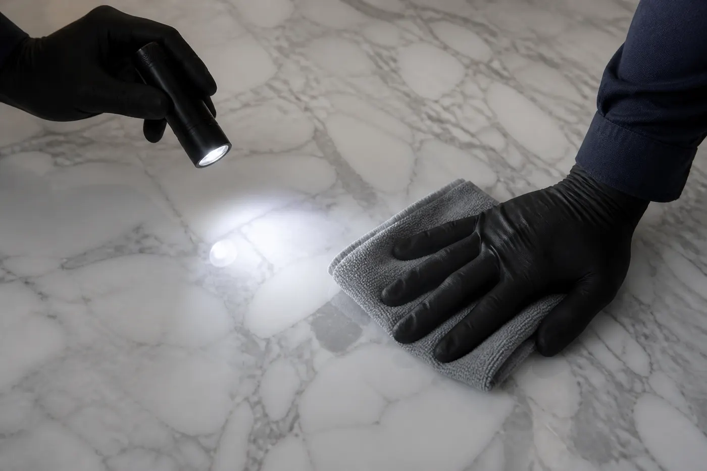 Control del brillo y el reflejo sobre un piso de mármol recién pulido