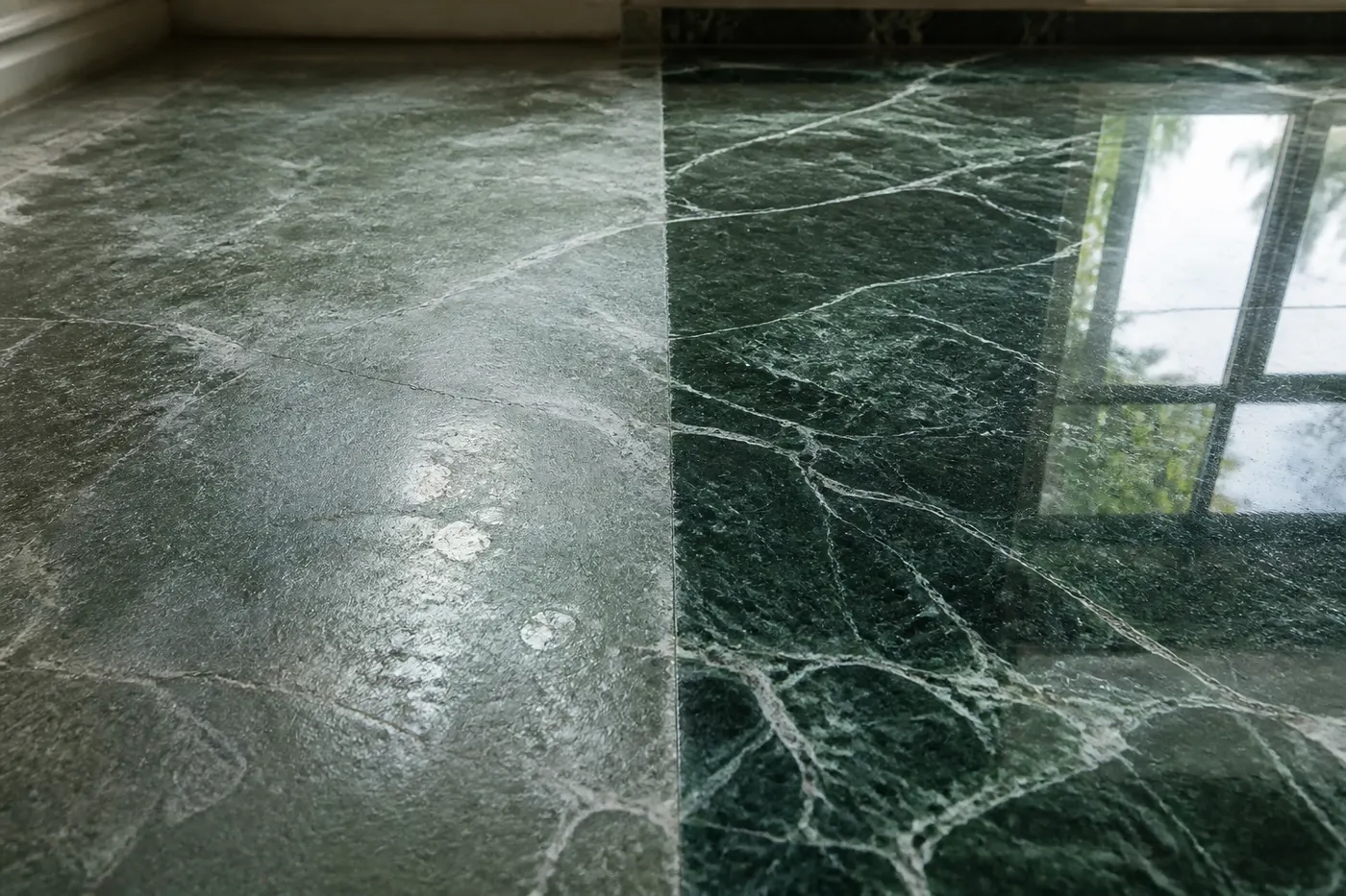 Piso de mármol verde pulido con terminación brillante