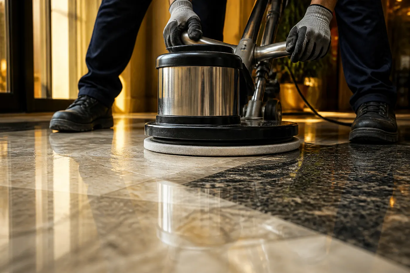 Operarios puliendo con máquina un piso combinado de mármol y granito en un hall